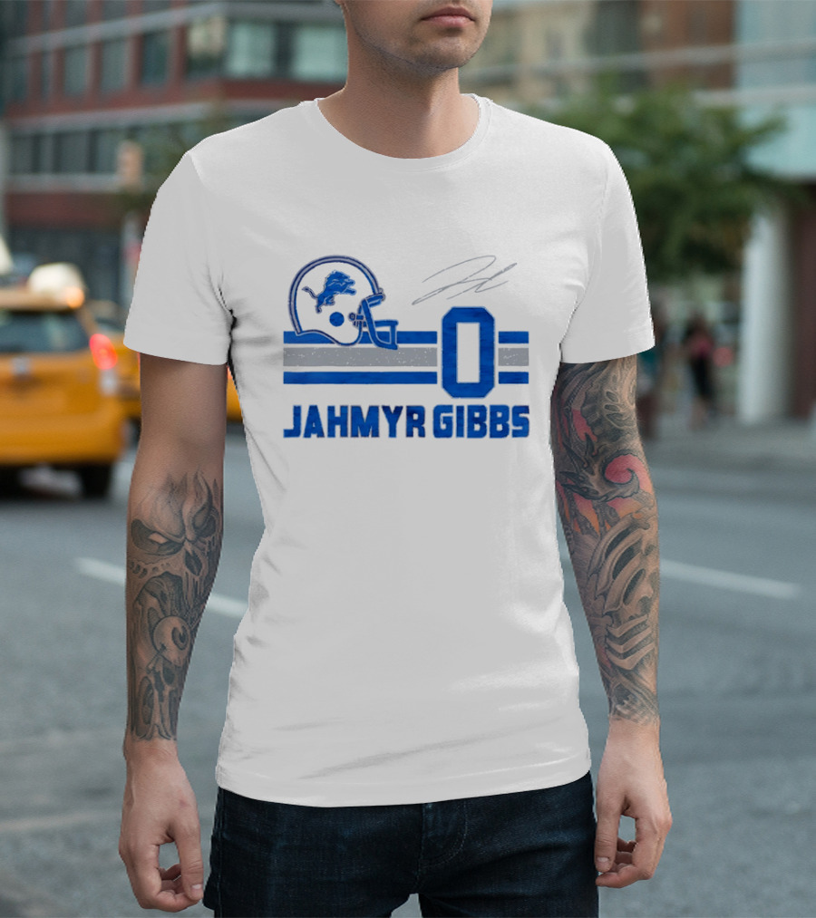 Detroit Lions Jahmyr Gibbs Zero Helmet Number Stripes Distressed T-Shirt