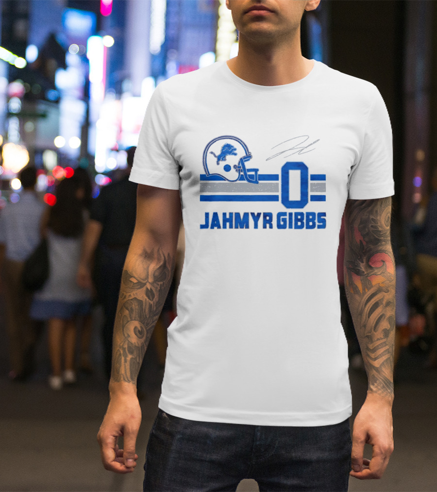 Detroit Lions Jahmyr Gibbs Zero Helmet Number Stripes Distressed T-Shirt