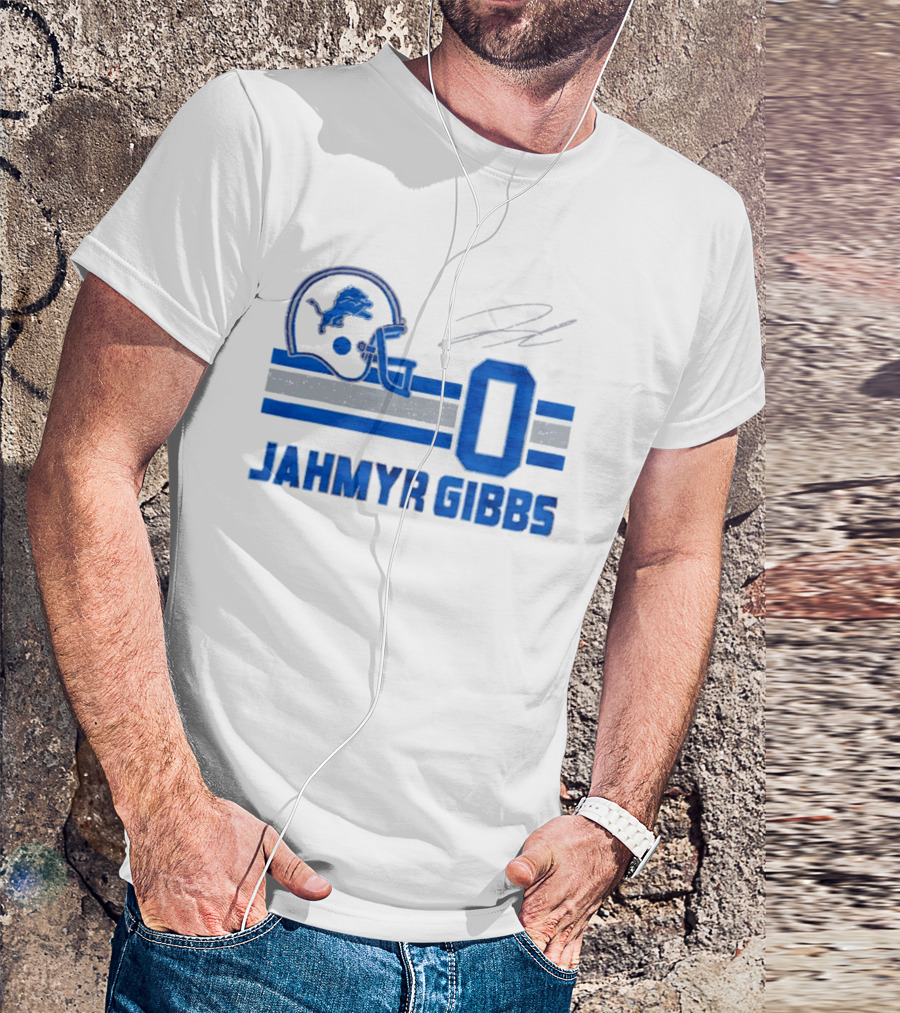Detroit Lions Jahmyr Gibbs Zero Helmet Number Stripes Distressed T-Shirt