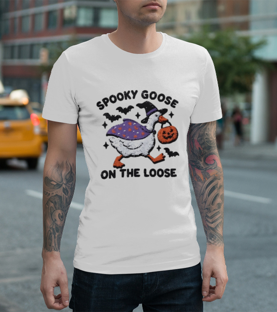 Spooky Goose On The Loose Halloween Embroidered T-Shirt