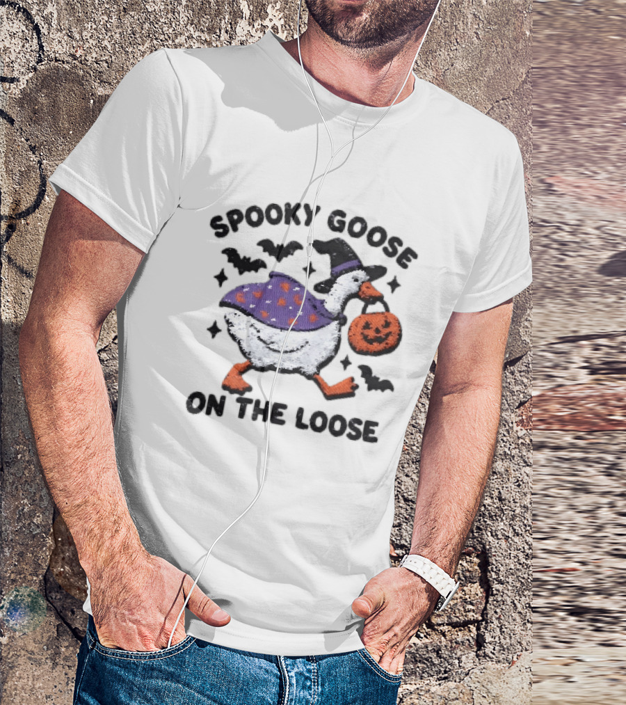 Spooky Goose On The Loose Halloween Embroidered T-Shirt