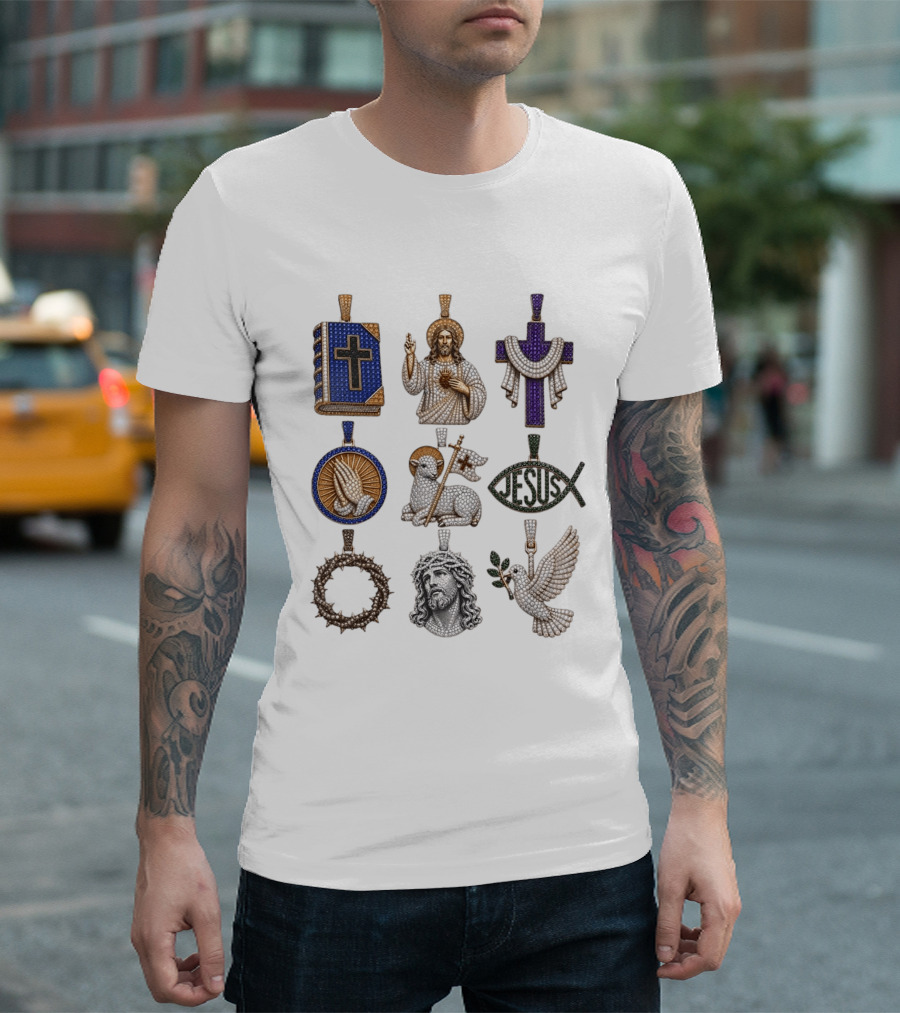 Jesus Cross Bible Lamb Fish Dove Crown Praying Hands Gemstone Pendants Collection T-Shirt