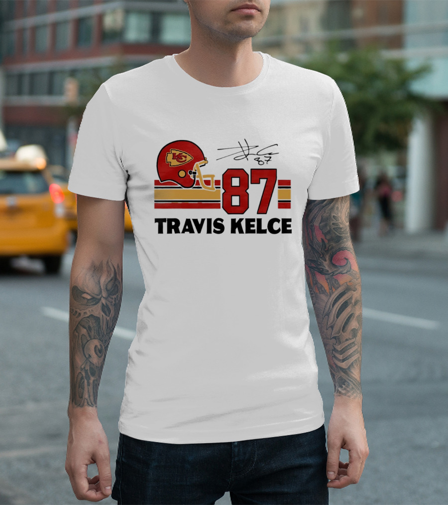 Kansas City Chiefs Travis Kelce 87 Red Gold Helmet Stripes T-Shirt
