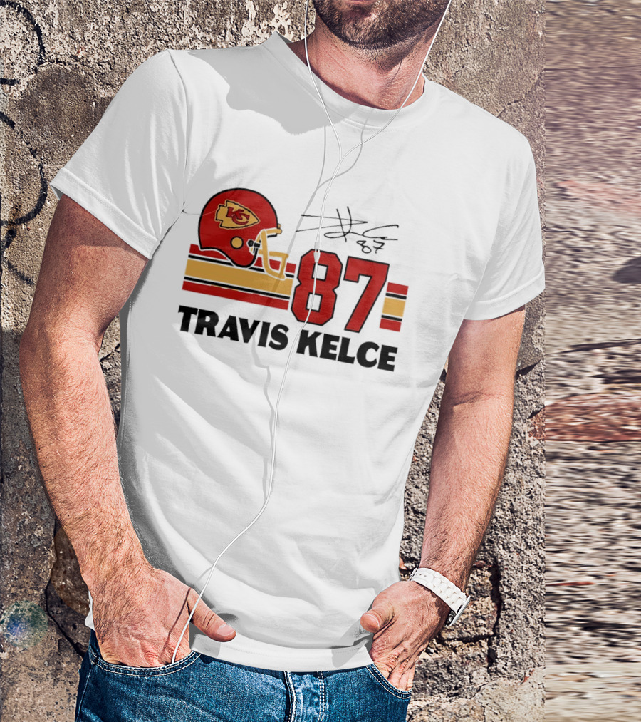 Kansas City Chiefs Travis Kelce 87 Red Gold Helmet Stripes T-Shirt