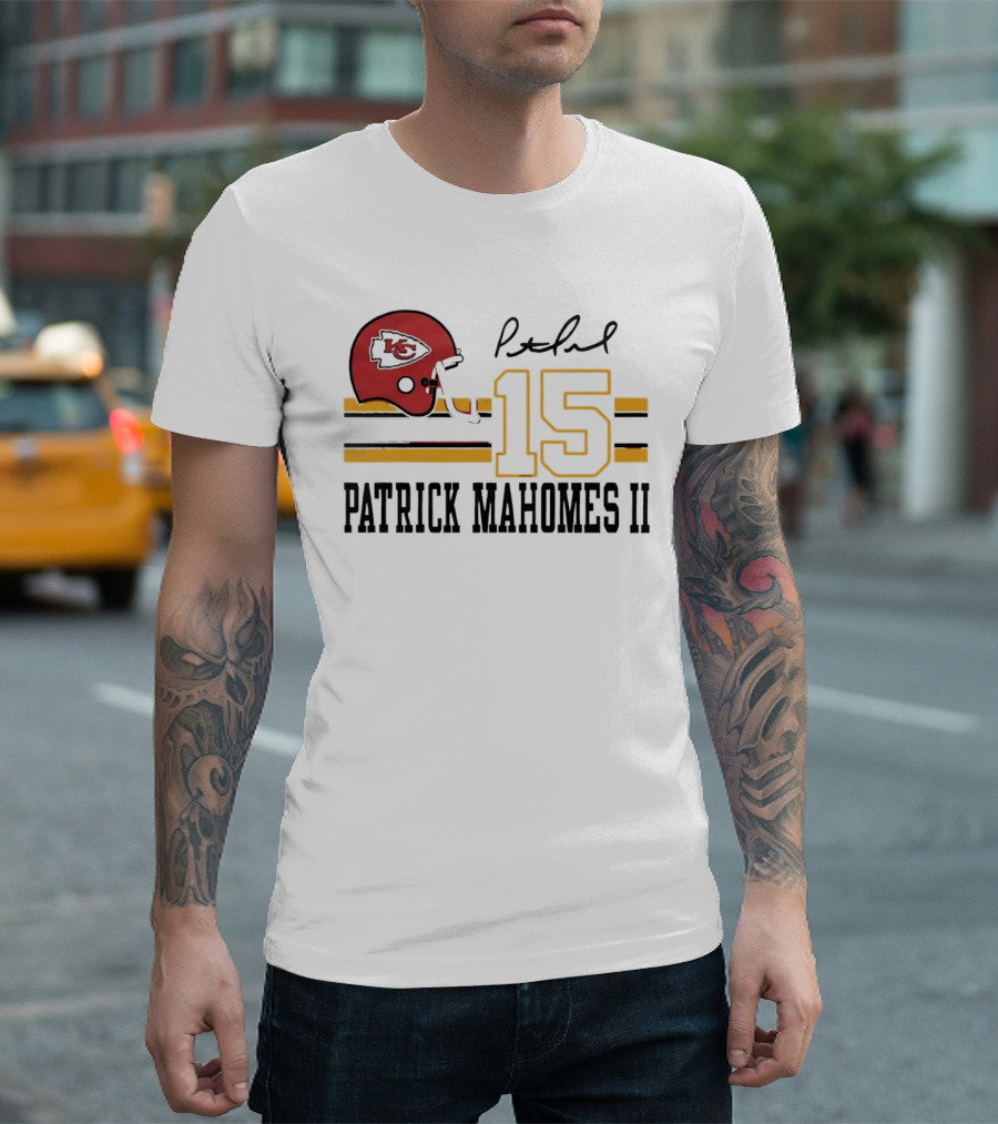 Kansas City Chiefs Patrick Mahomes II Number 15 Signature Football Helmet Stripes T-Shirt