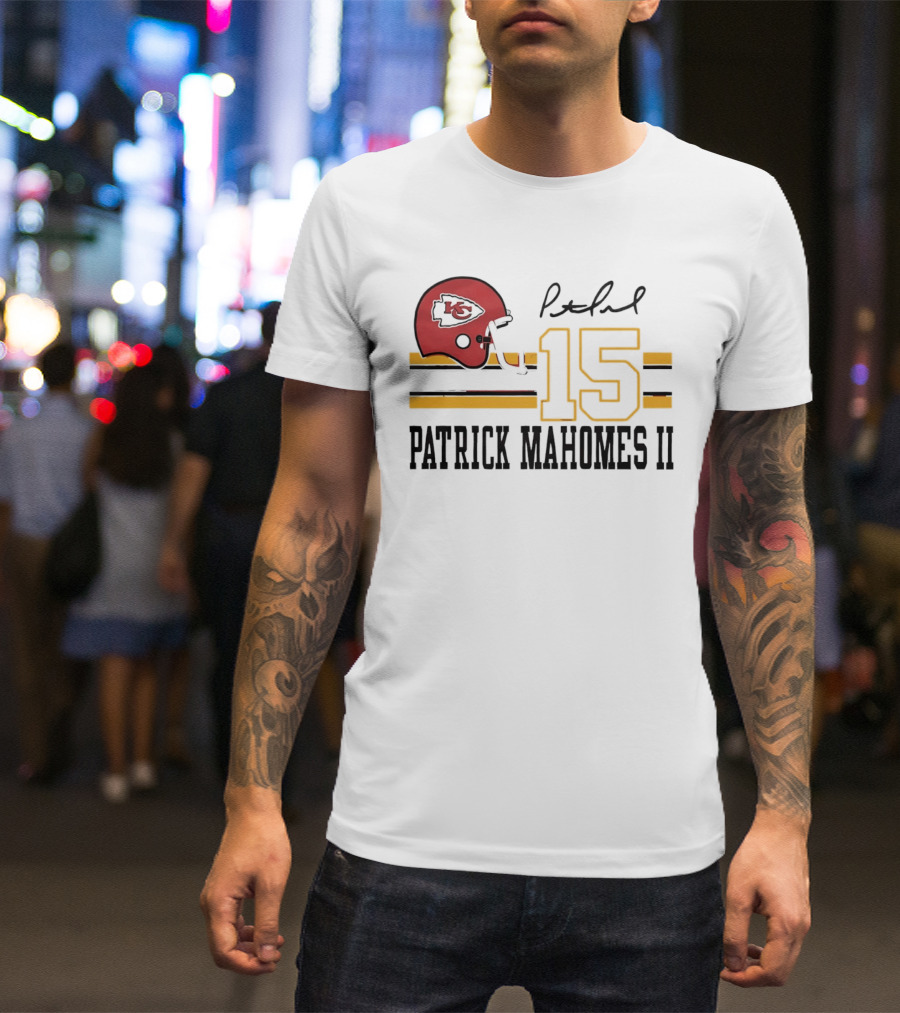 Kansas City Chiefs Patrick Mahomes II Number 15 Signature Football Helmet Stripes T-Shirt
