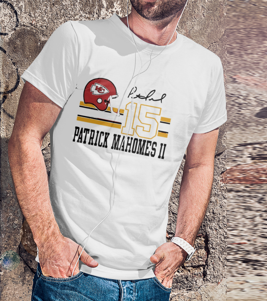 Kansas City Chiefs Patrick Mahomes II Number 15 Signature Football Helmet Stripes T-Shirt