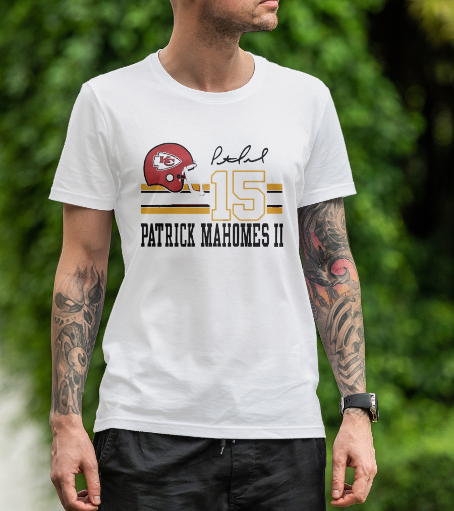 Kansas City Chiefs Patrick Mahomes II Number 15 Signature Football Helmet Stripes T-Shirt