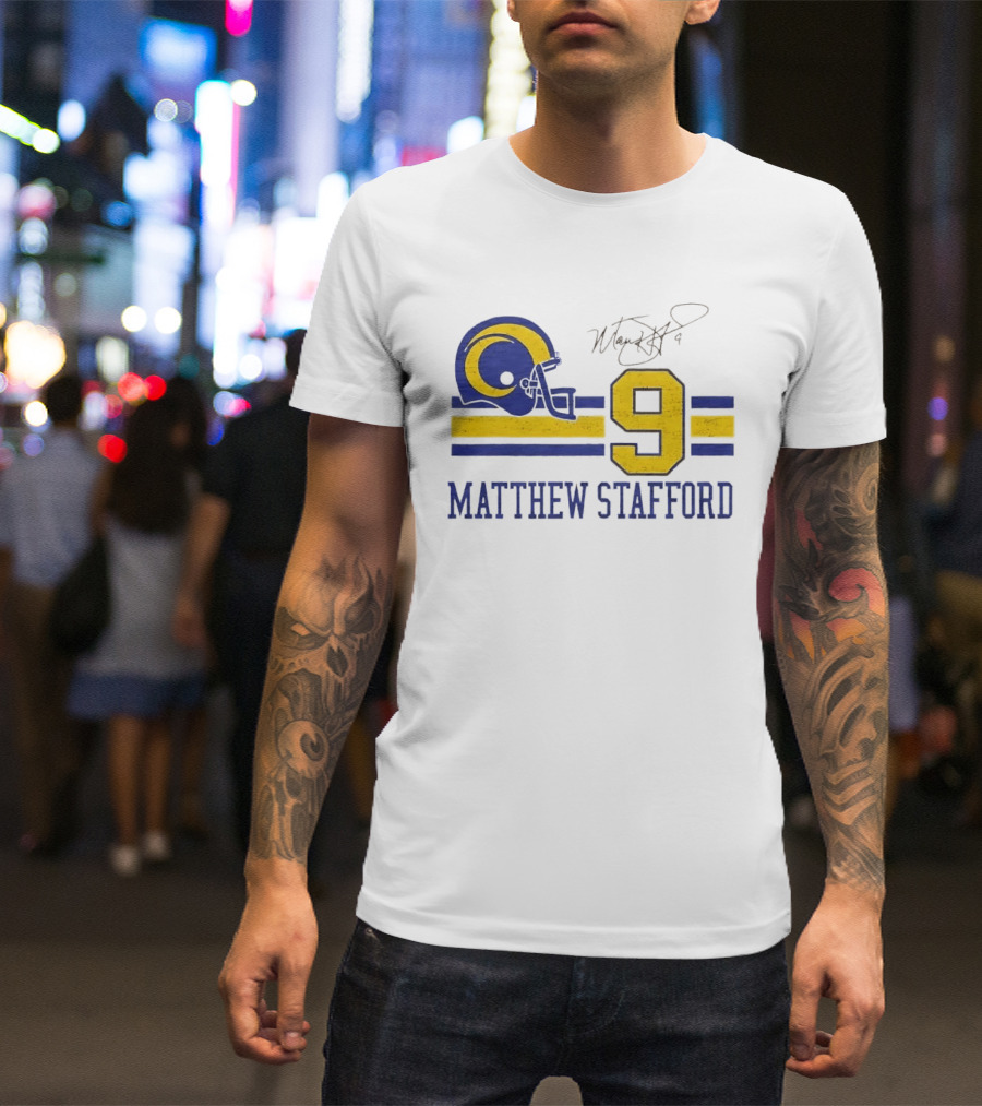 Los Angeles Rams Matthew Stafford Helmet Autograph Number 9 Blue Yellow Stripes T-Shirt