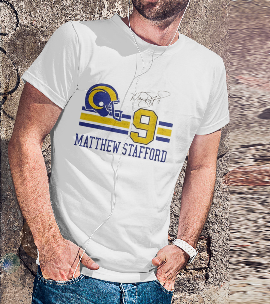Los Angeles Rams Matthew Stafford Helmet Autograph Number 9 Blue Yellow Stripes T-Shirt