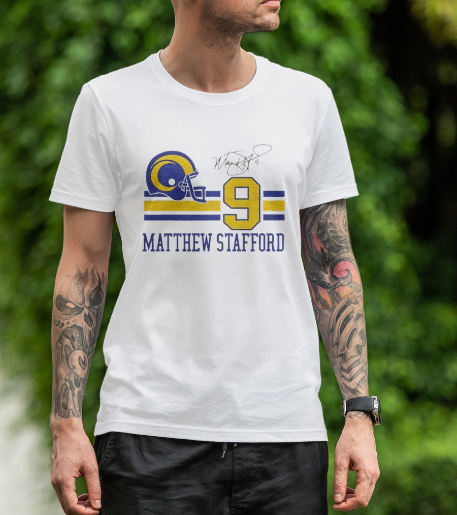 Los Angeles Rams Matthew Stafford Helmet Autograph Number 9 Blue Yellow Stripes T-Shirt