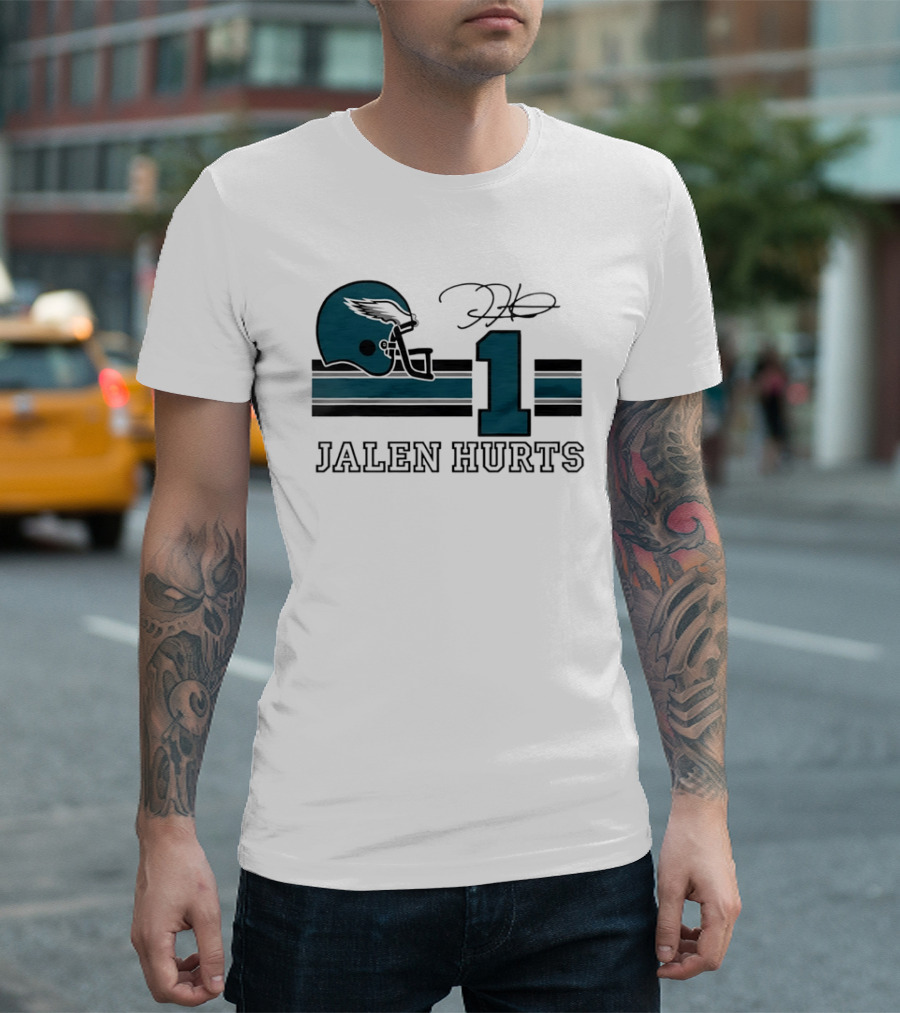 Philadelphia Eagles Jalen Hurts Helmet Number 1 Signature T-Shirt