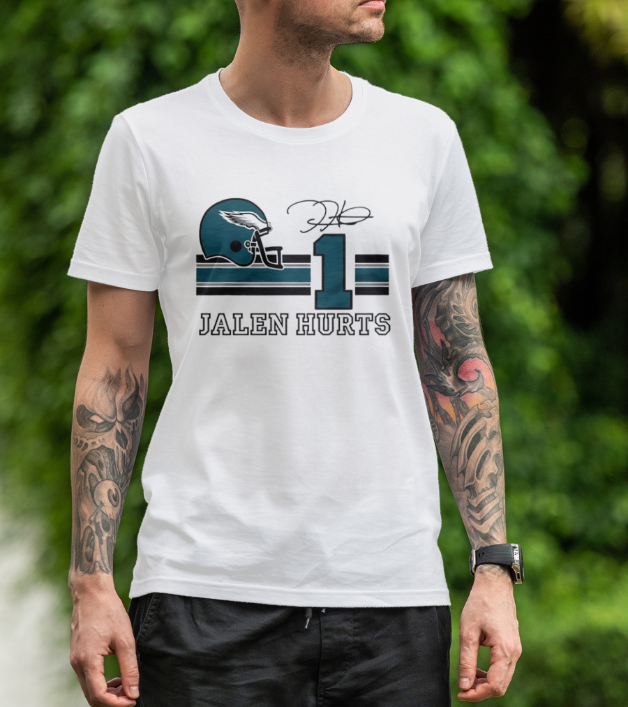 Philadelphia Eagles Jalen Hurts Helmet Number 1 Signature T-Shirt