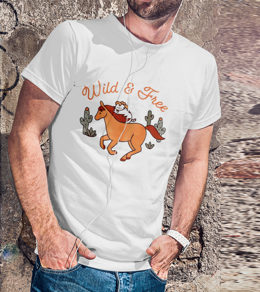 Wild And Free Cartoon Cowboy Cat Galloping Horse Cactus Scene T-Shirt