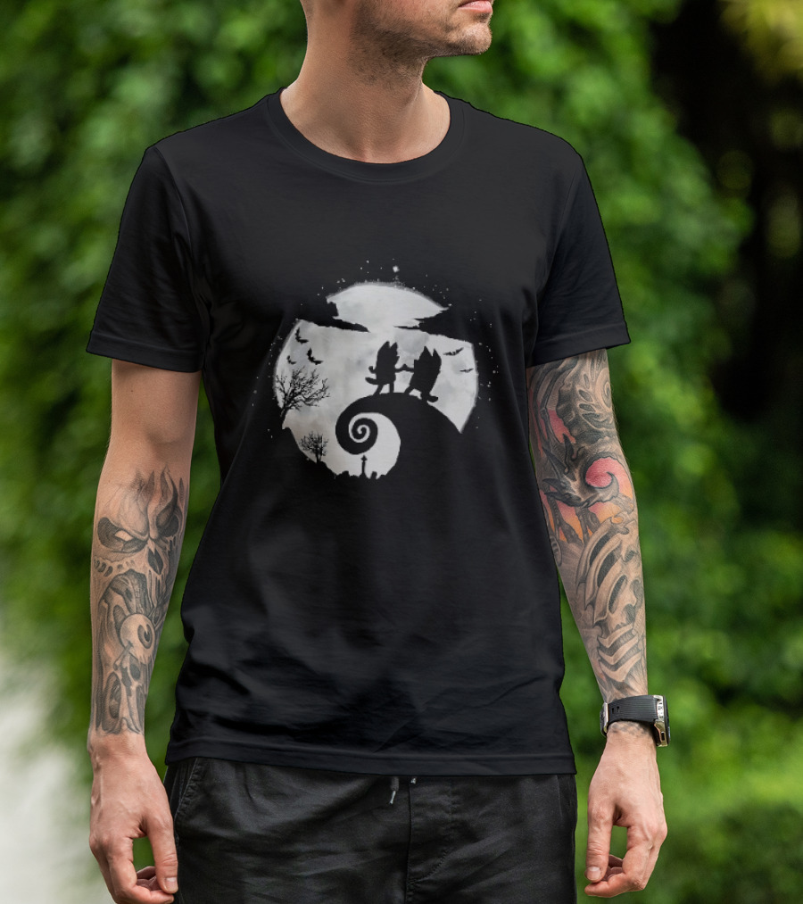 Bluey And Bingo Halloween Mashup With Iconic Moonlit Hill Scene T-Shirt