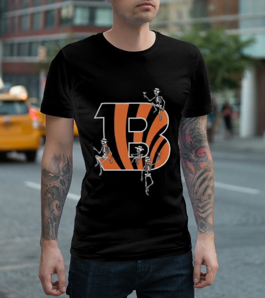 Cincinnati Bengals Party Skeletons Logo B With Stripes T-Shirt