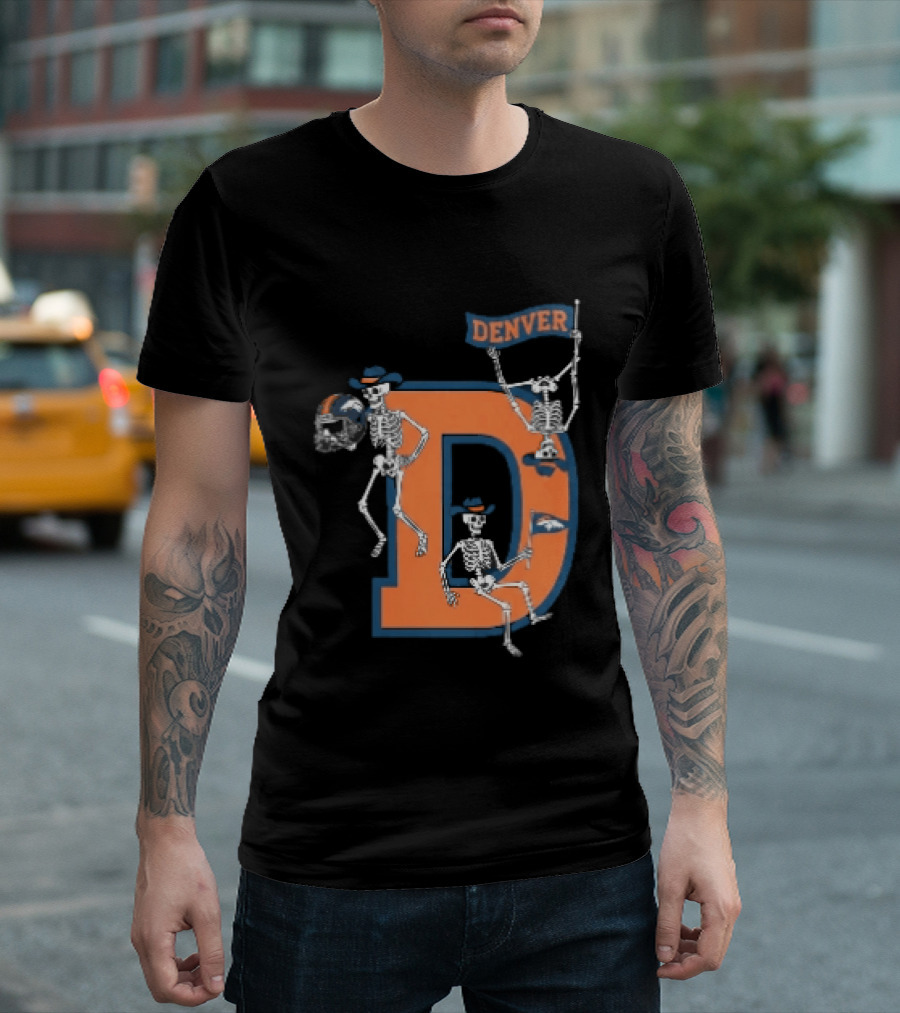 Denver Broncos Skeletons Cowboy Hats Big D Helmet Flag Orange T-Shirt