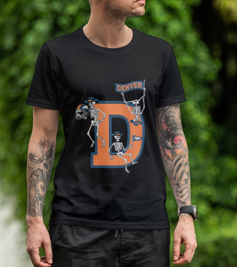 Denver Broncos Skeletons Cowboy Hats Big D Helmet Flag Orange T-Shirt