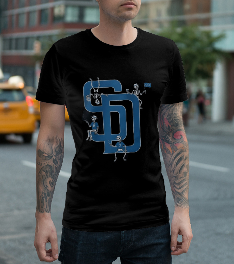 Detroit Lions San Diego Padres MLB Skeletons Interlocking SD T-Shirt
