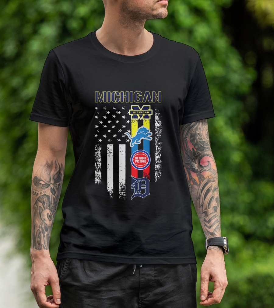 Michigan Wolverines Detroit Lions Pistons Tigers Flag T-Shirt