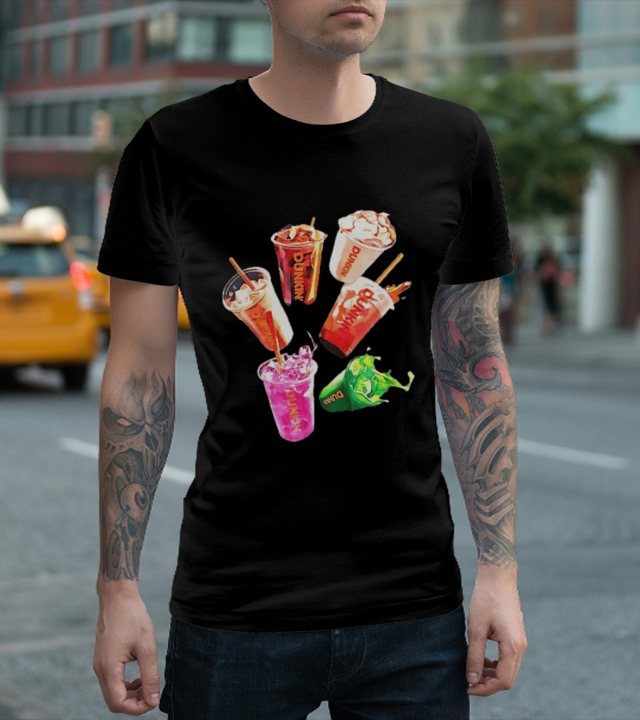 Dunkin Colorful Iced Coffee Beverages Splash With Straws T-Shirt