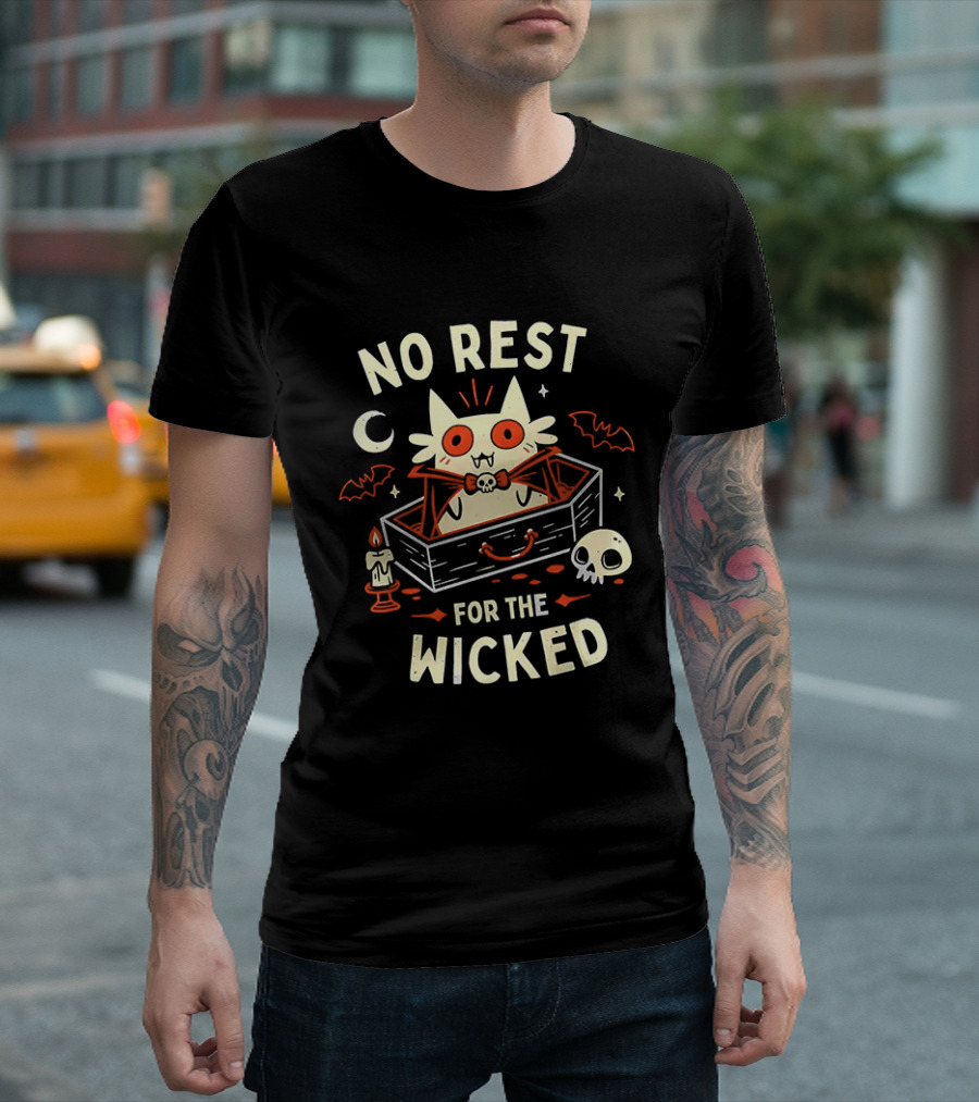 No Rest For The Wicked Vampire Cat Halloween Humor With Bats And Skull T-Shirt