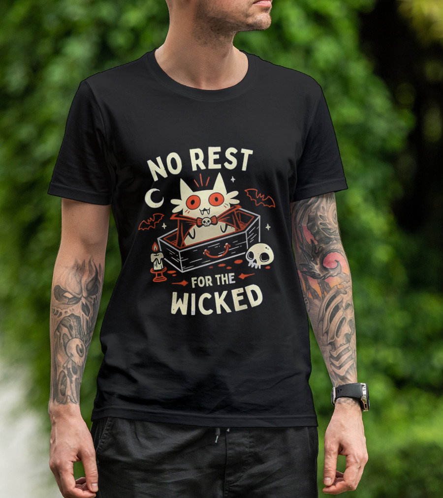 No Rest For The Wicked Vampire Cat Halloween Humor With Bats And Skull T-Shirt