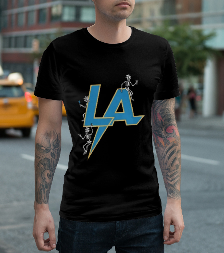 Los Angeles Chargers Skeletons On LA Lettering With Lightning Bolt T-Shirt