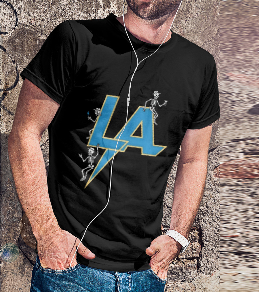 Los Angeles Chargers Skeletons On LA Lettering With Lightning Bolt T-Shirt