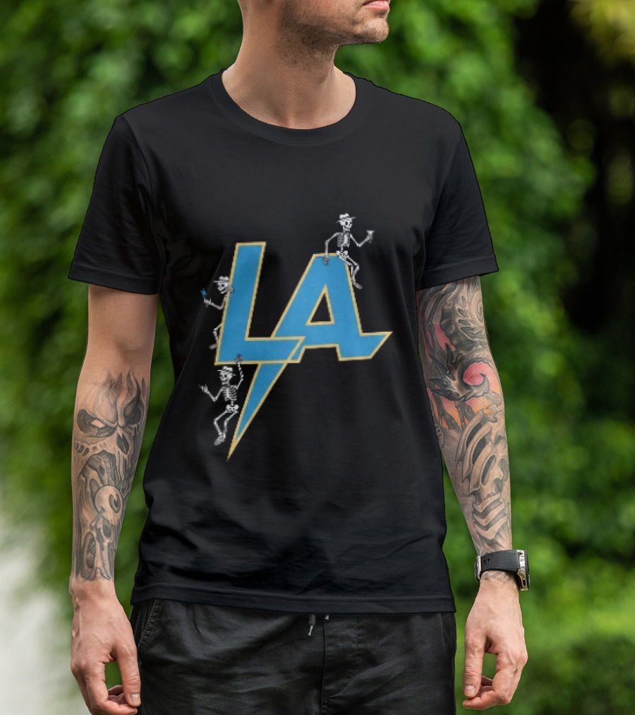 Los Angeles Chargers Skeletons On LA Lettering With Lightning Bolt T-Shirt