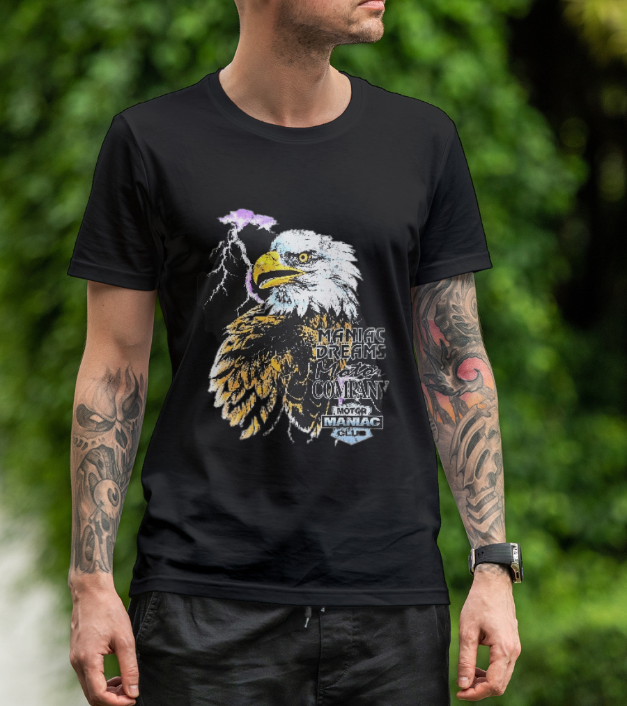 Maniac Dreams Motor Company Bald Eagle Purple Lightning Bolt Club T-Shirt