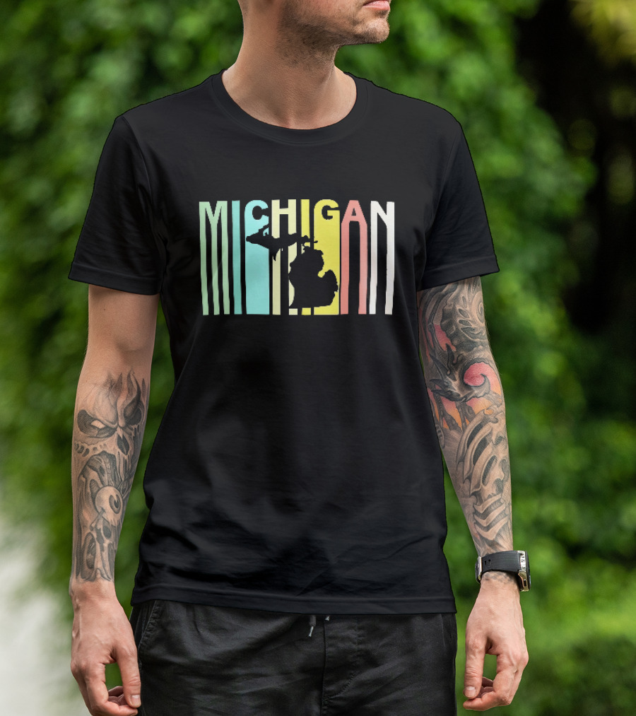 Michigan Colorful Vertical Stripe Map T-Shirt