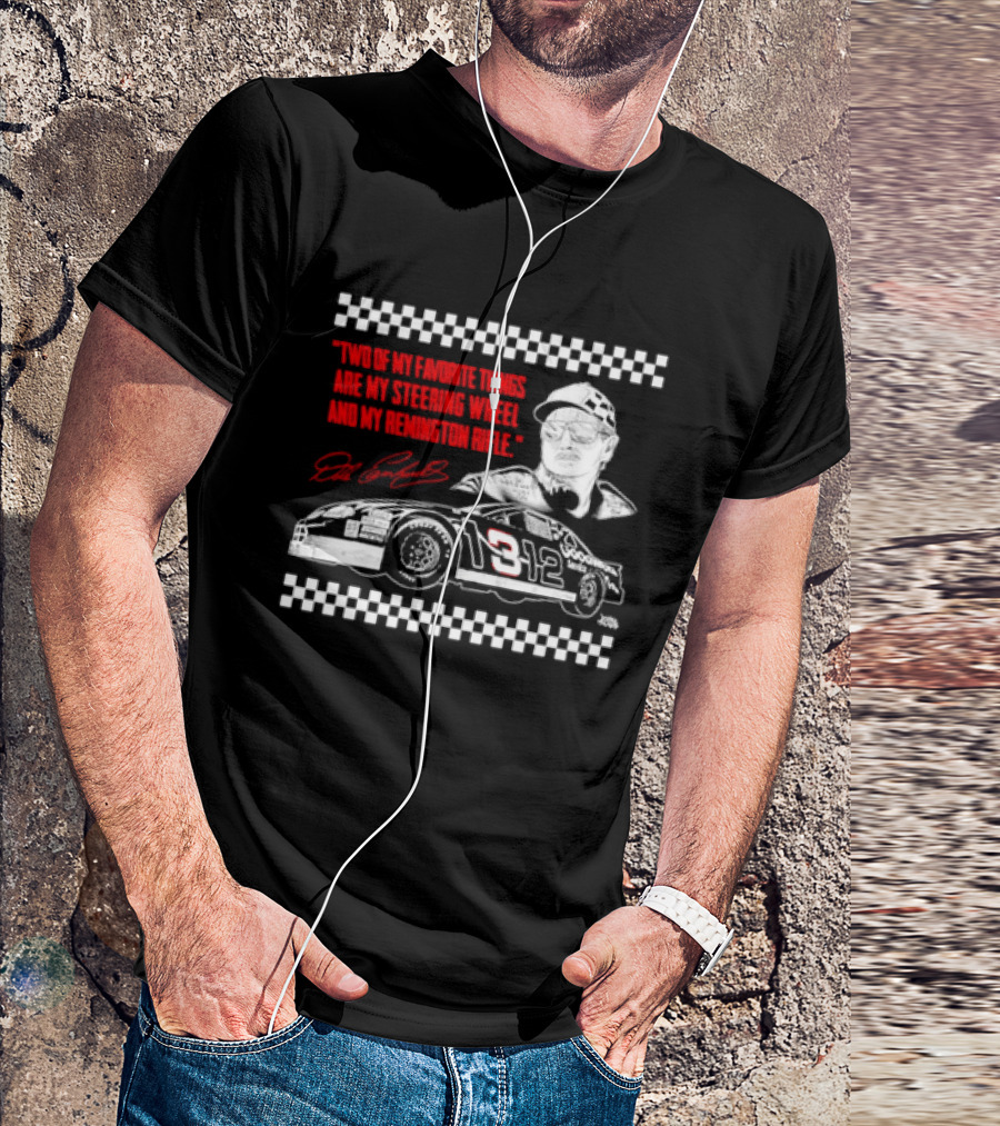 Two Of My Favorite Things Are My Steering Wheel And My Remington Rifle Racing Car 3 Checkered Flag T-Shirt