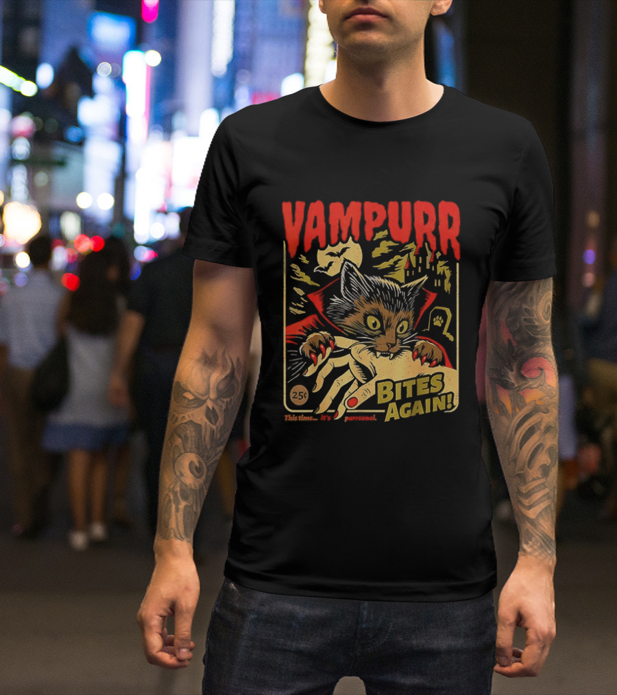 Vampurr Bites Again Vampire Cat Halloween Vintage Spooky Paws T-Shirt