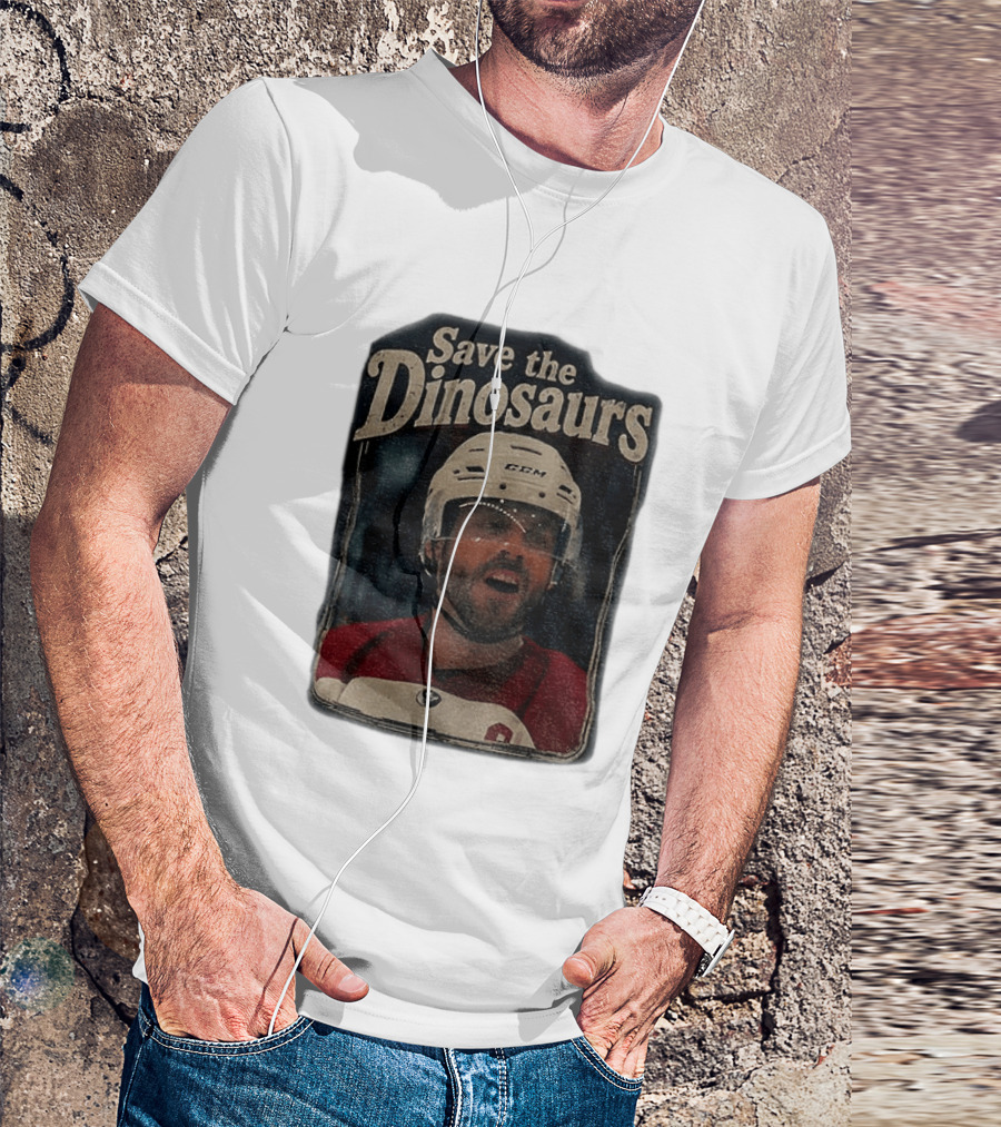 Connor Storrie Wearing Scott Hunter Save The Dinosaurs CCM Hockey T-Shirt