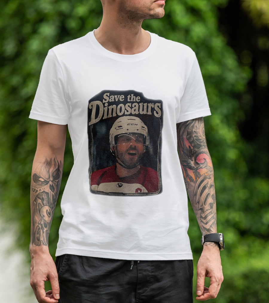 Connor Storrie Wearing Scott Hunter Save The Dinosaurs CCM Hockey T-Shirt