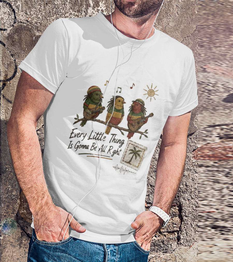 Every Little Thing Is Gonna Be All Right Reggae Birds Guitar Sunshine Palm Stamp Music Notes T-Shirt