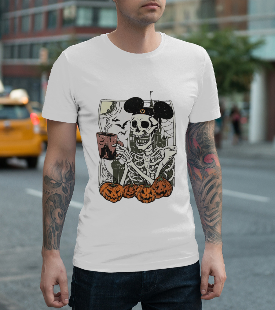 Spooky Skeleton With Coffee Mouse Ears Pumpkins Bats Halloween 2026 T-Shirt