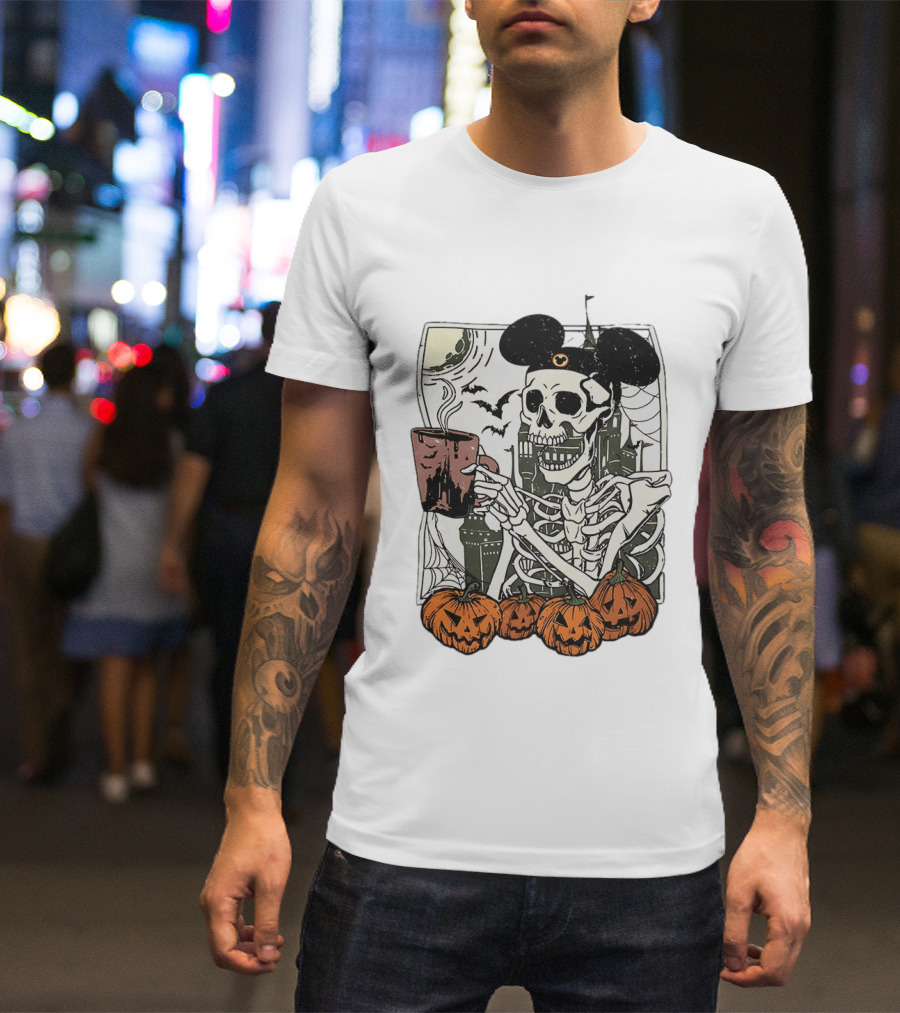 Spooky Skeleton With Coffee Mouse Ears Pumpkins Bats Halloween 2026 T-Shirt