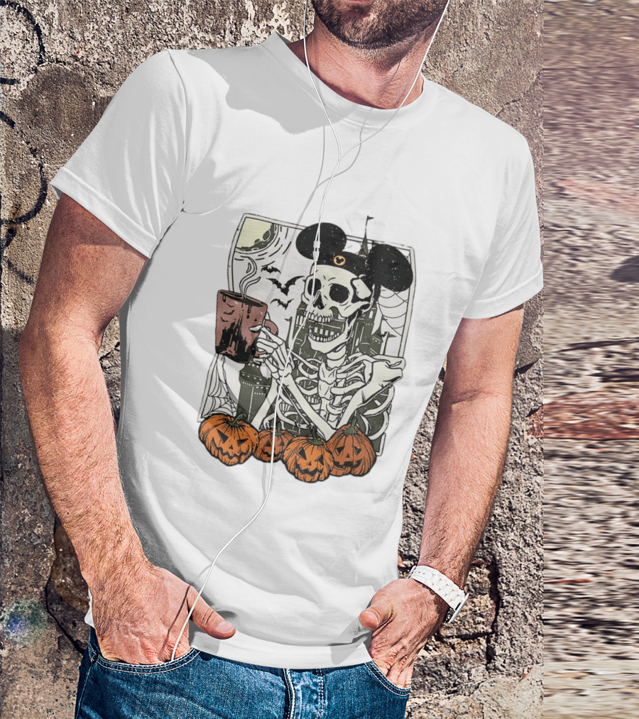 Spooky Skeleton With Coffee Mouse Ears Pumpkins Bats Halloween 2026 T-Shirt