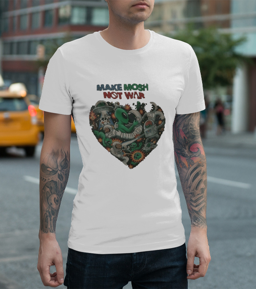 Make Mosh Not War Alien Astronauts Heart Explosion T-Shirt