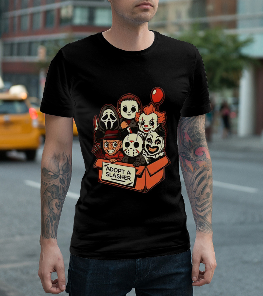 Adopt A Slasher Horror Characters Halloween Box With Iconic Balloon And Masked Monsters T-Shirt