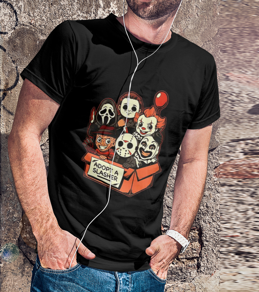 Adopt A Slasher Horror Characters Halloween Box With Iconic Balloon And Masked Monsters T-Shirt