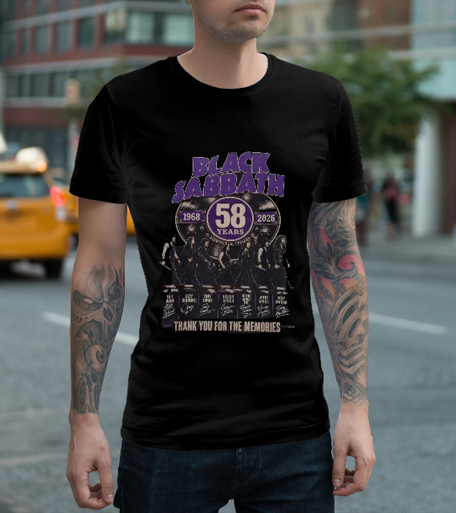 Black Sabbath 58 Years 1968 2026 Birmingham England Thank You For The Memories Ozzy Osbourne Tony Iommi Geezer Butler Bill Ward T-Shirt