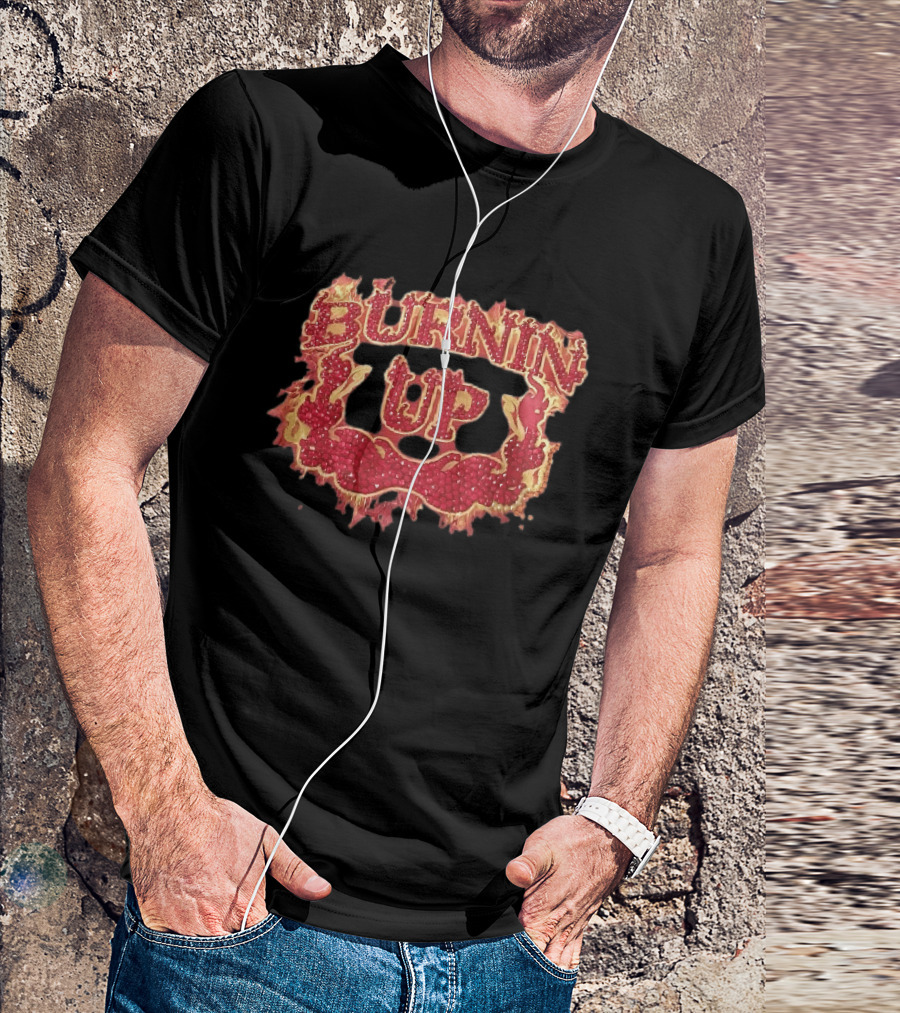 Burnin Up Red Rhinestone Gemstone Lettering Flaming Crest Frame Fiery T-Shirt