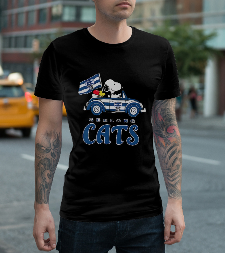 Geelong Cats Snoopy Woodstock Driving With Flag T-Shirt