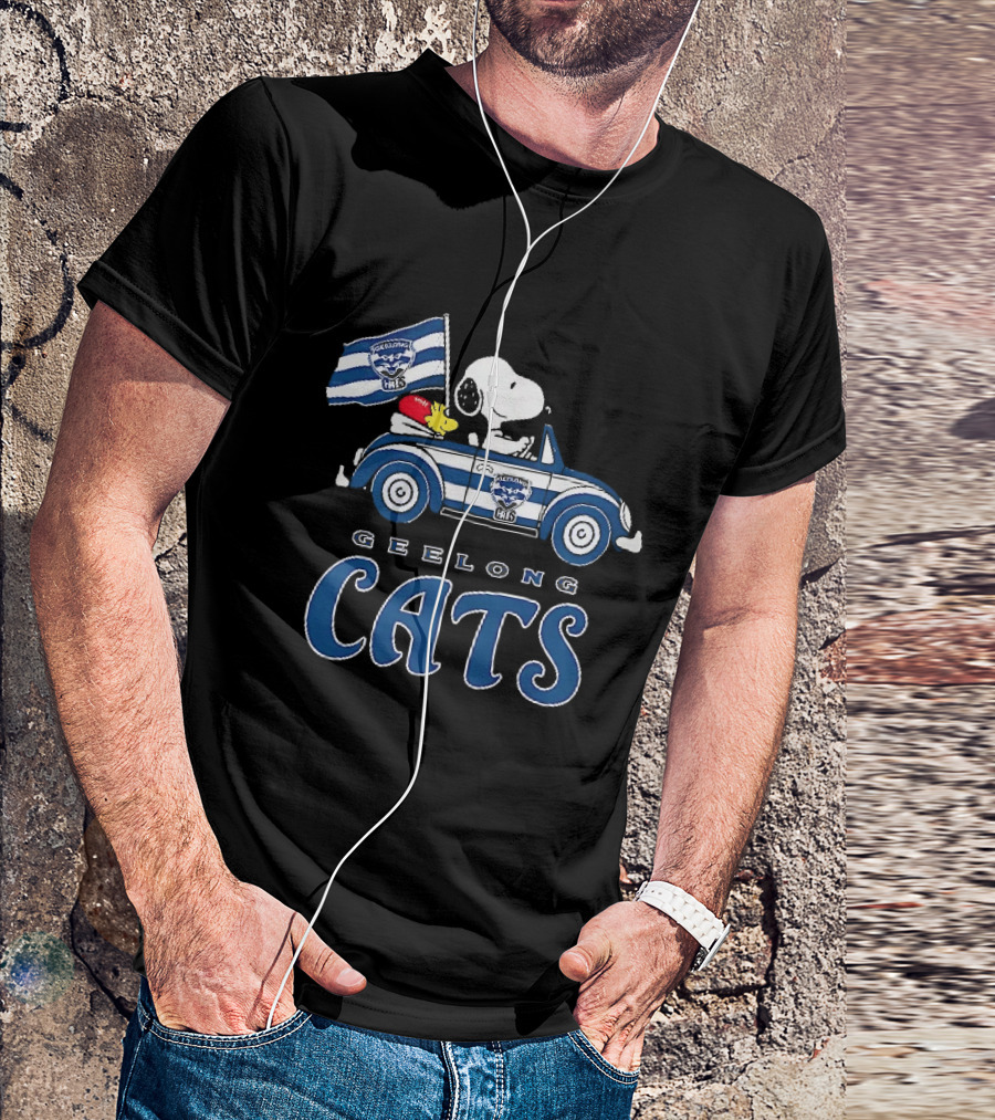 Geelong Cats Snoopy Woodstock Driving With Flag T-Shirt