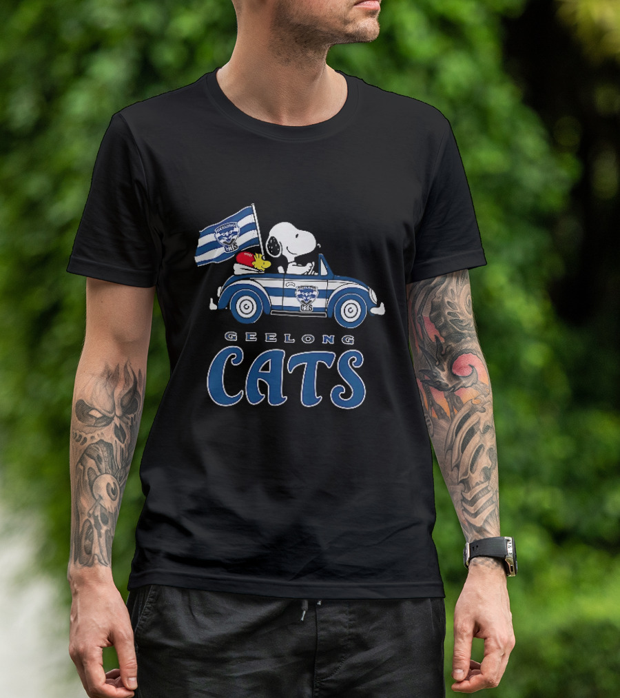Geelong Cats Snoopy Woodstock Driving With Flag T-Shirt