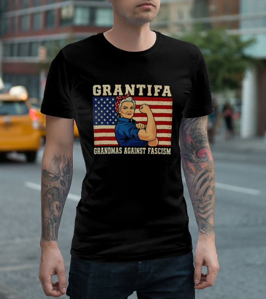Grantifa Grandmas Against Fascism Rosie Riveter USA Flag T-Shirt