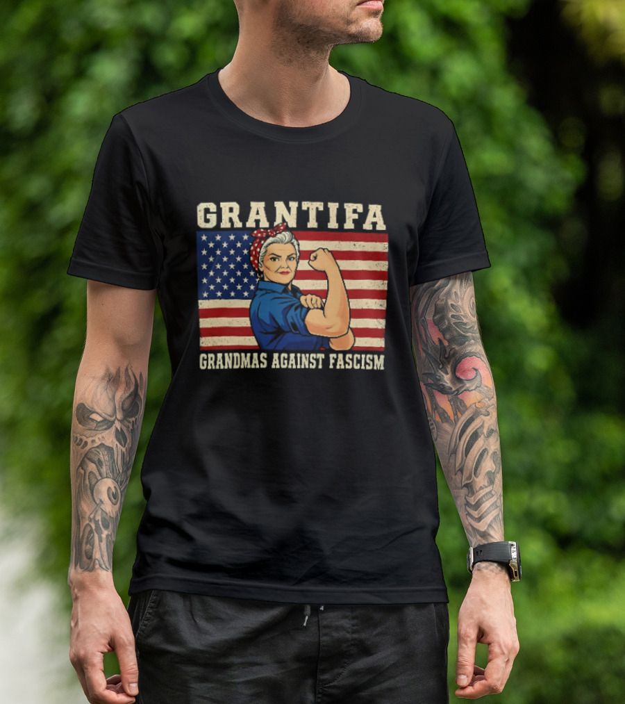 Grantifa Grandmas Against Fascism Rosie Riveter USA Flag T-Shirt